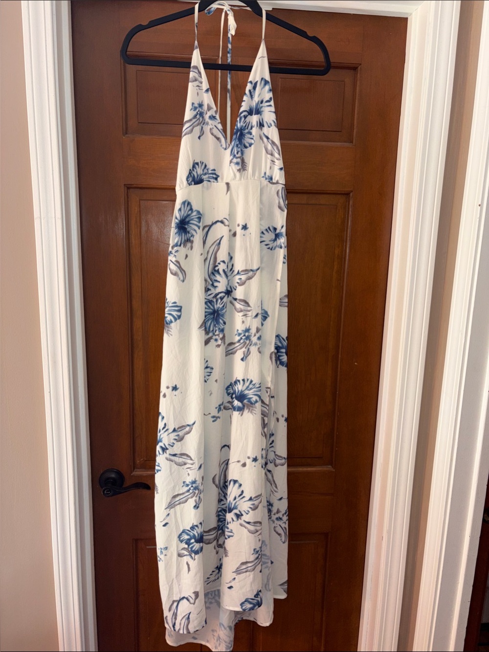 White Cream Maxi Halter Flowy Dress with Blue Floral Print - Size L